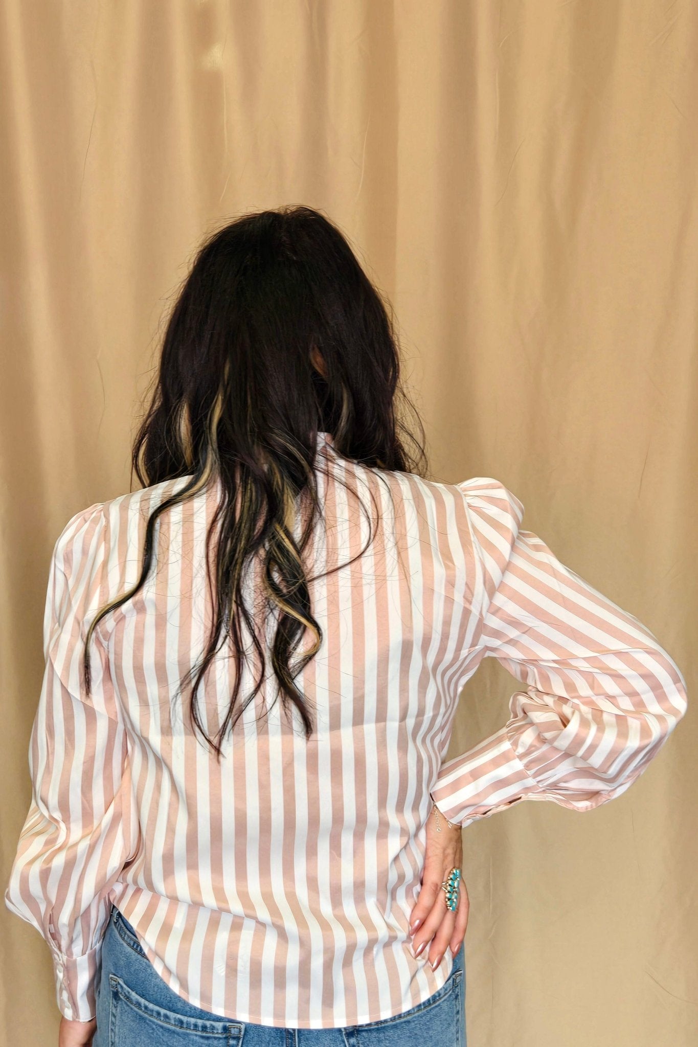 Crazy Consuela "Howdy Hanny" Mauve Stripe Long Sleeve Western Bow Tie Top — Feminine Tie-Front Silhouette (small remains)