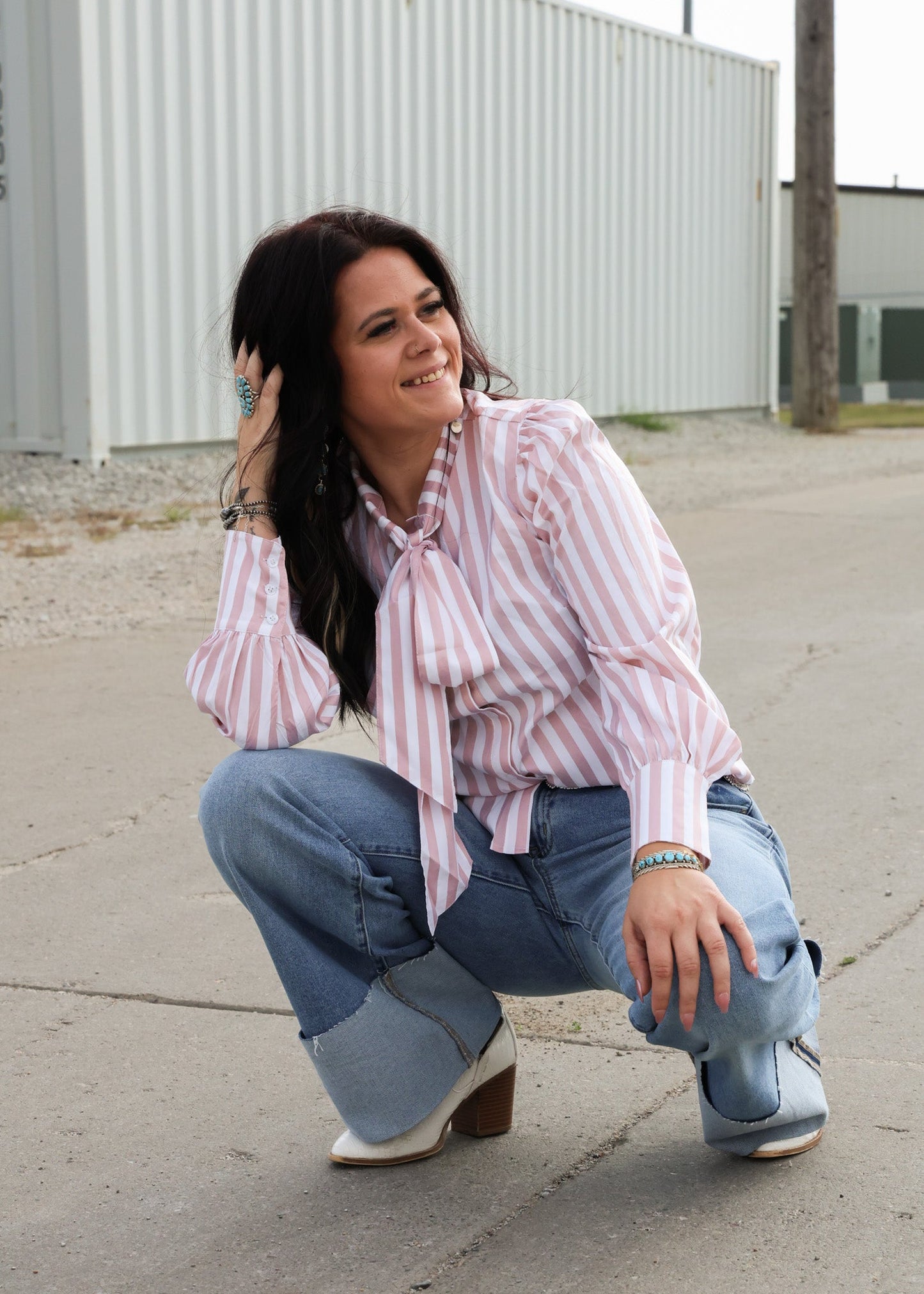Crazy Consuela "Howdy Hanny" Mauve Stripe Long Sleeve Western Bow Tie Top — Feminine Tie-Front Silhouette (small remains)