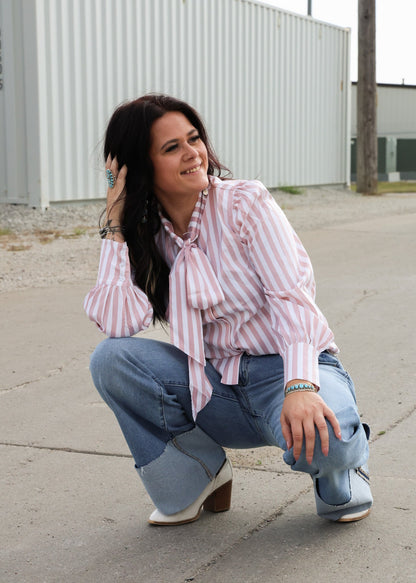 Crazy Consuela "Howdy Hanny" Mauve Stripe Long Sleeve Western Bow Tie Top — Feminine Tie-Front Silhouette (small remains)