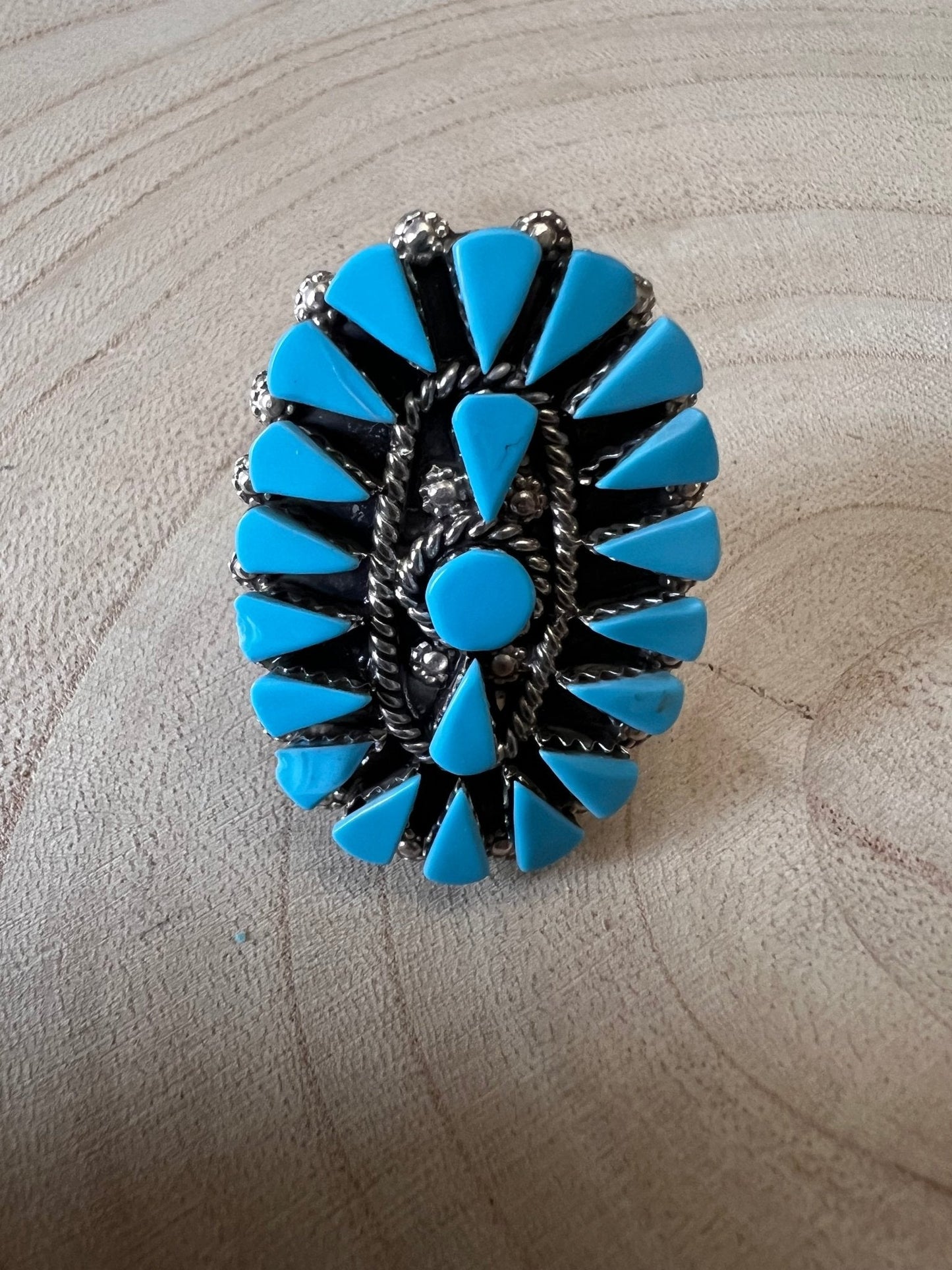 Merlinda Chavez Zuni Sterling Silver Statement Ring with Turquoise — Size 9 (Hallmark "D&M Chavez, Zuni")