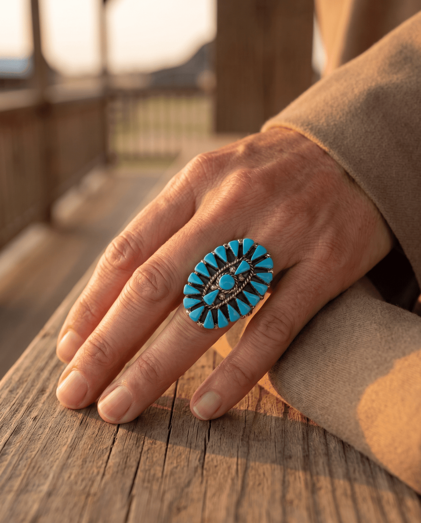 Merlinda Chavez Zuni Sterling Silver Statement Ring with Turquoise — Size 9 (Hallmark "D&M Chavez, Zuni")