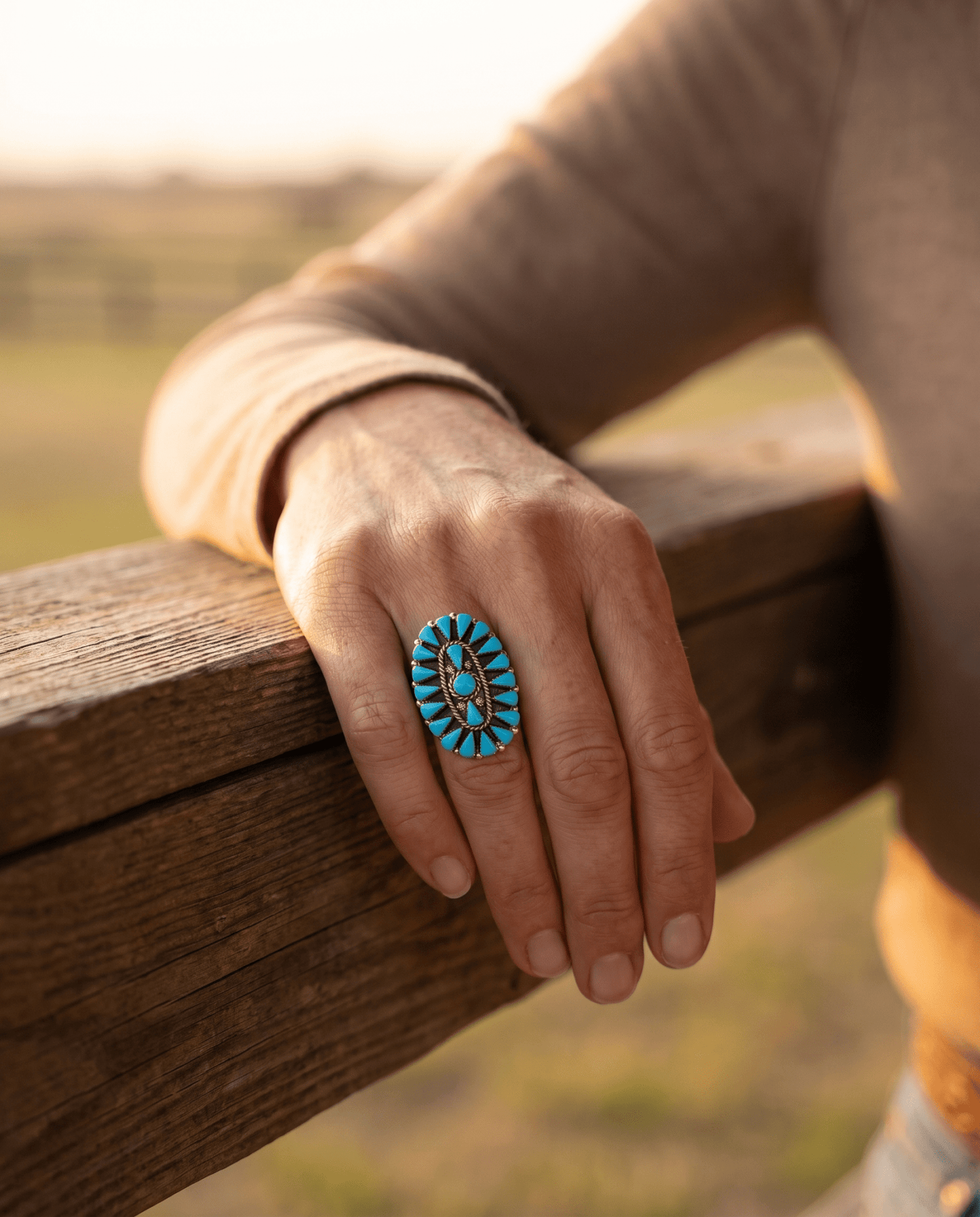 Merlinda Chavez Zuni Sterling Silver Statement Ring with Turquoise — Size 9 (Hallmark "D&M Chavez, Zuni")