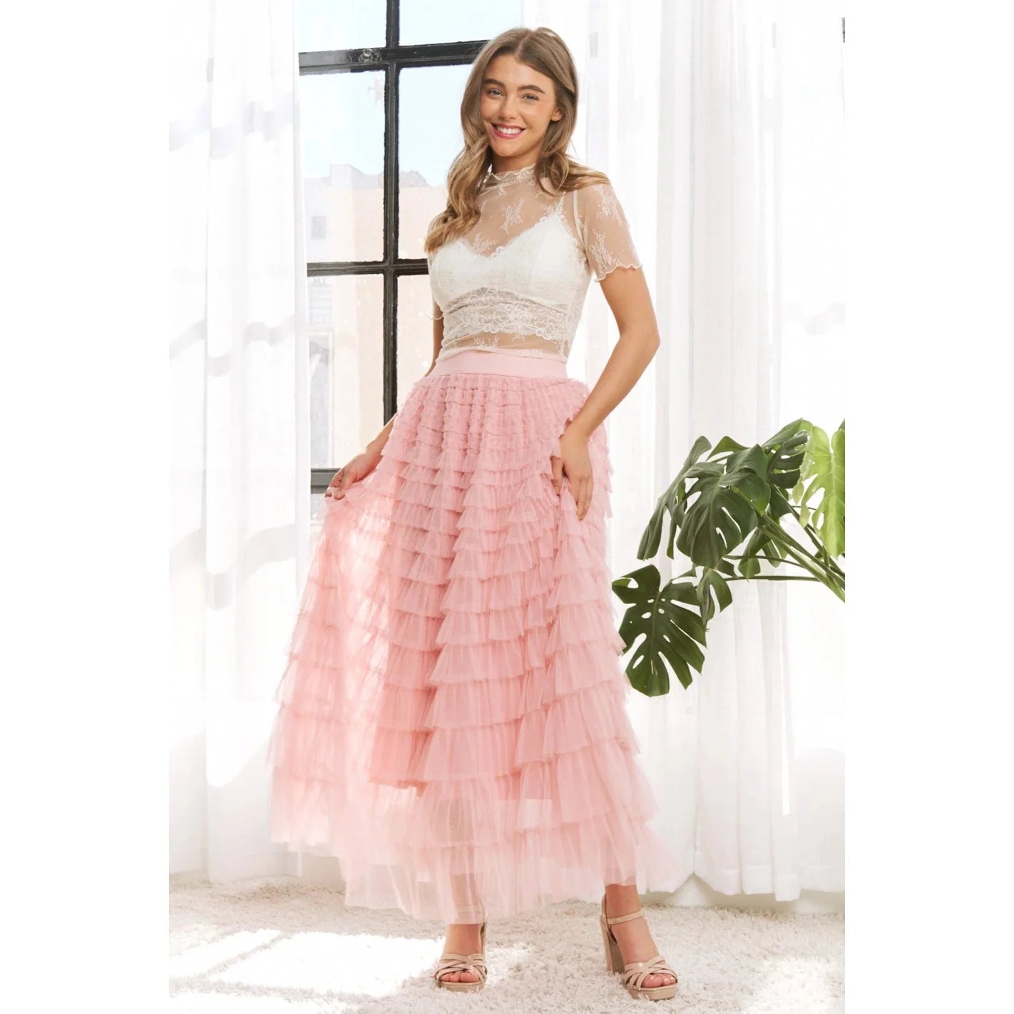 Sweet Generis Mesh Lace High Neck Short Sleeve Fitted Top — Sheer Lightweight Lace Mesh Layering Piece