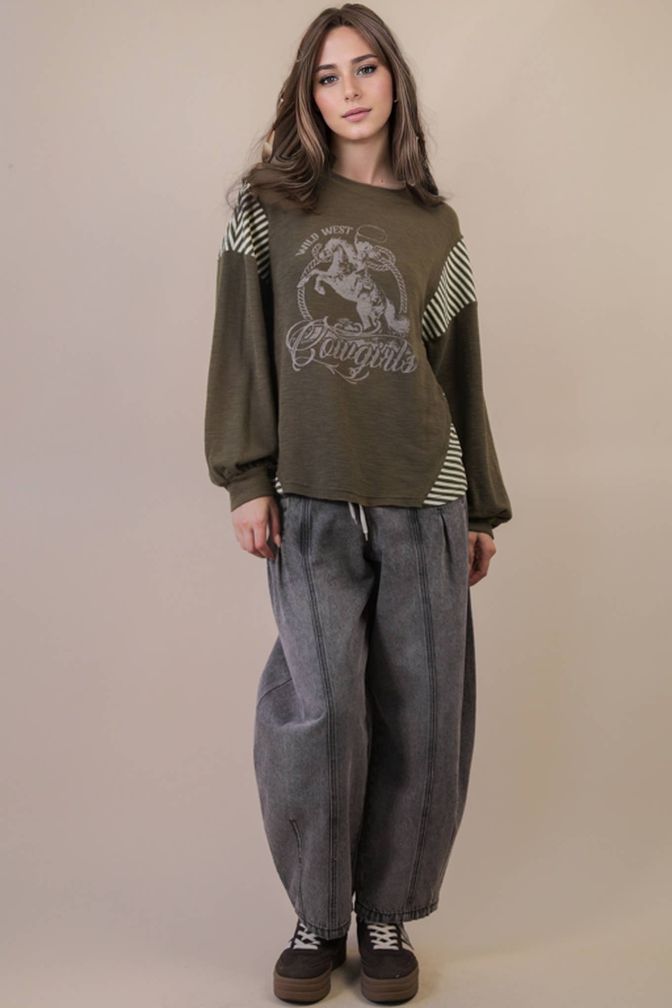 Wild West Cowgirls Graphic Knit Top - Taupe or Olive