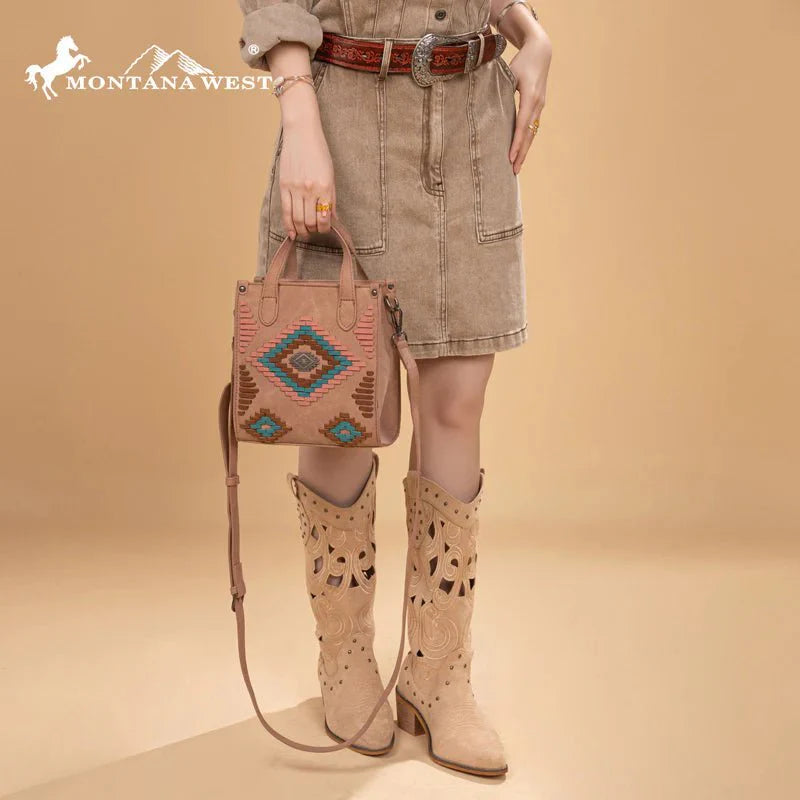 Montana West Aztec Crossbody Purse — Suede-Look PU Leather with Aztec Whipstitch (Small)