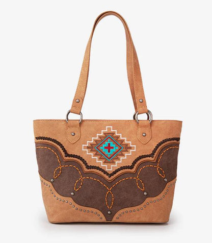 Montana West Western Aztec Concealed Carry Tote — Embroidered Aztec Pattern with Scroll Cut-Out (PU Leather)