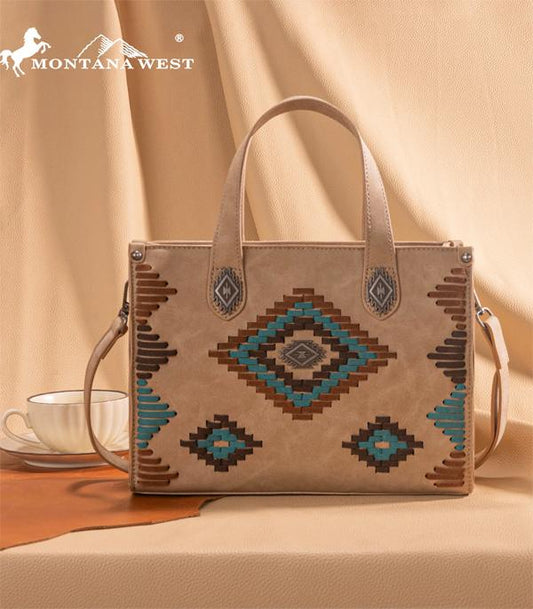 Montana West Aztec Tote Crossbody Bag — Suede-Look PU Leather with Aztec Whipstitch (Larger Size)