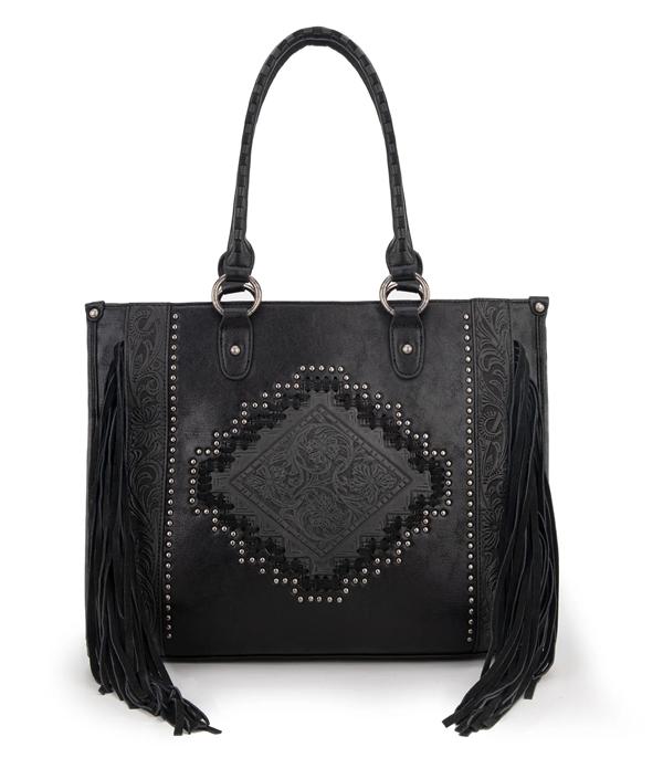 Montana West Western Tool Fringe Concealed Carry Wide Tote — Suede-Look PU Leather with Floral Tooling & Fringe