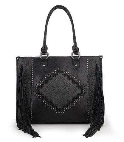 Montana West Western Tool Fringe Concealed Carry Wide Tote — Suede-Look PU Leather with Floral Tooling & Fringe