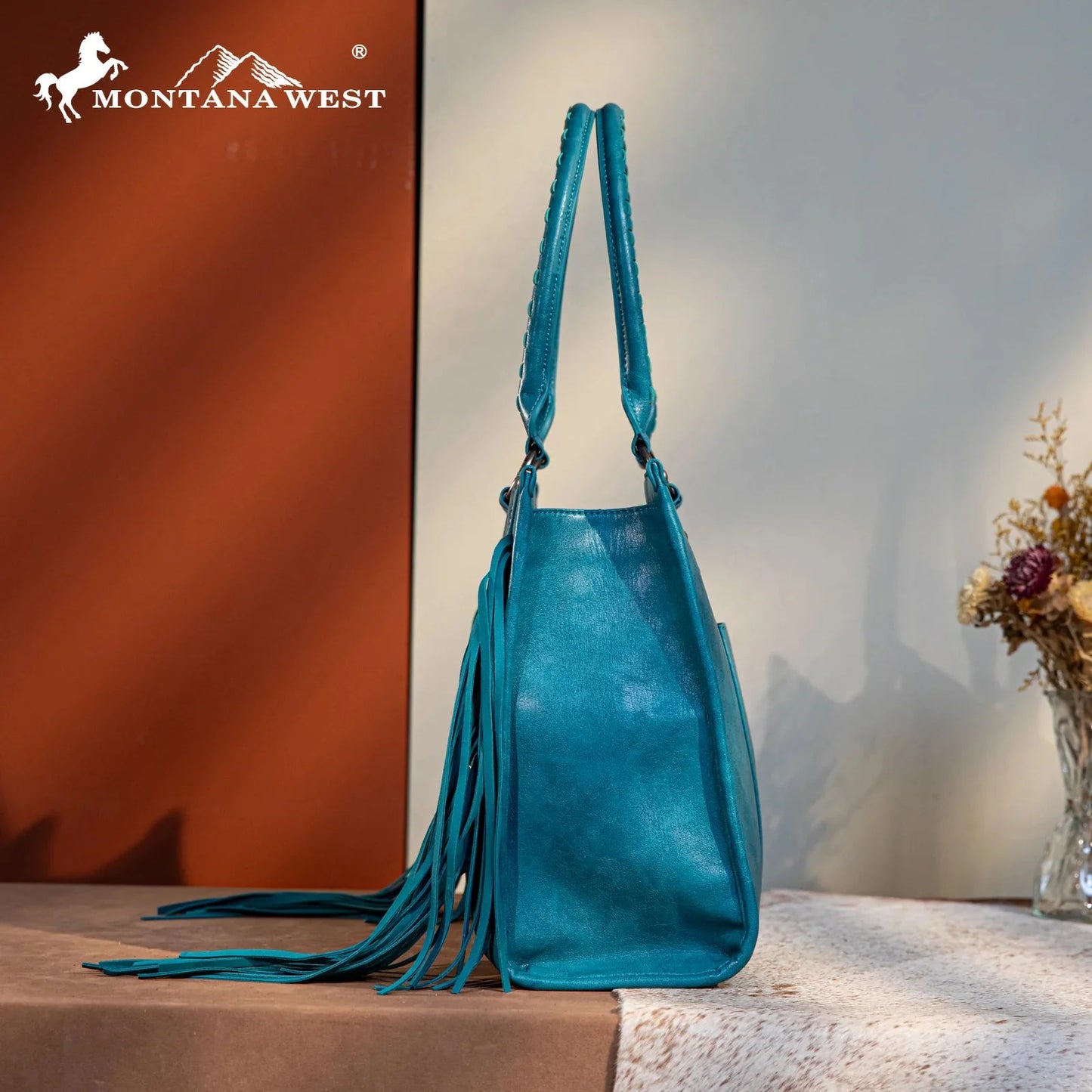 Montana West Western Tool Fringe Concealed Carry Wide Tote — Suede-Look PU Leather with Floral Tooling & Fringe