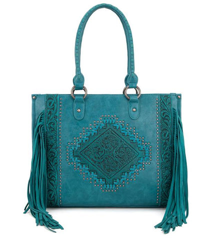 Montana West Western Tool Fringe Concealed Carry Wide Tote — Suede-Look PU Leather with Floral Tooling & Fringe