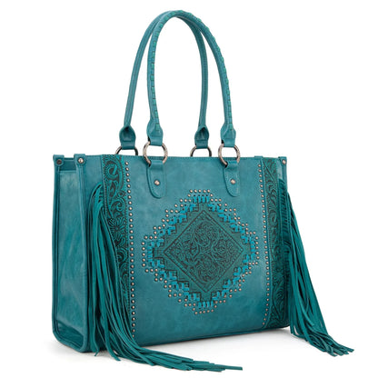 Montana West Western Tool Fringe Concealed Carry Wide Tote — Suede-Look PU Leather with Floral Tooling & Fringe