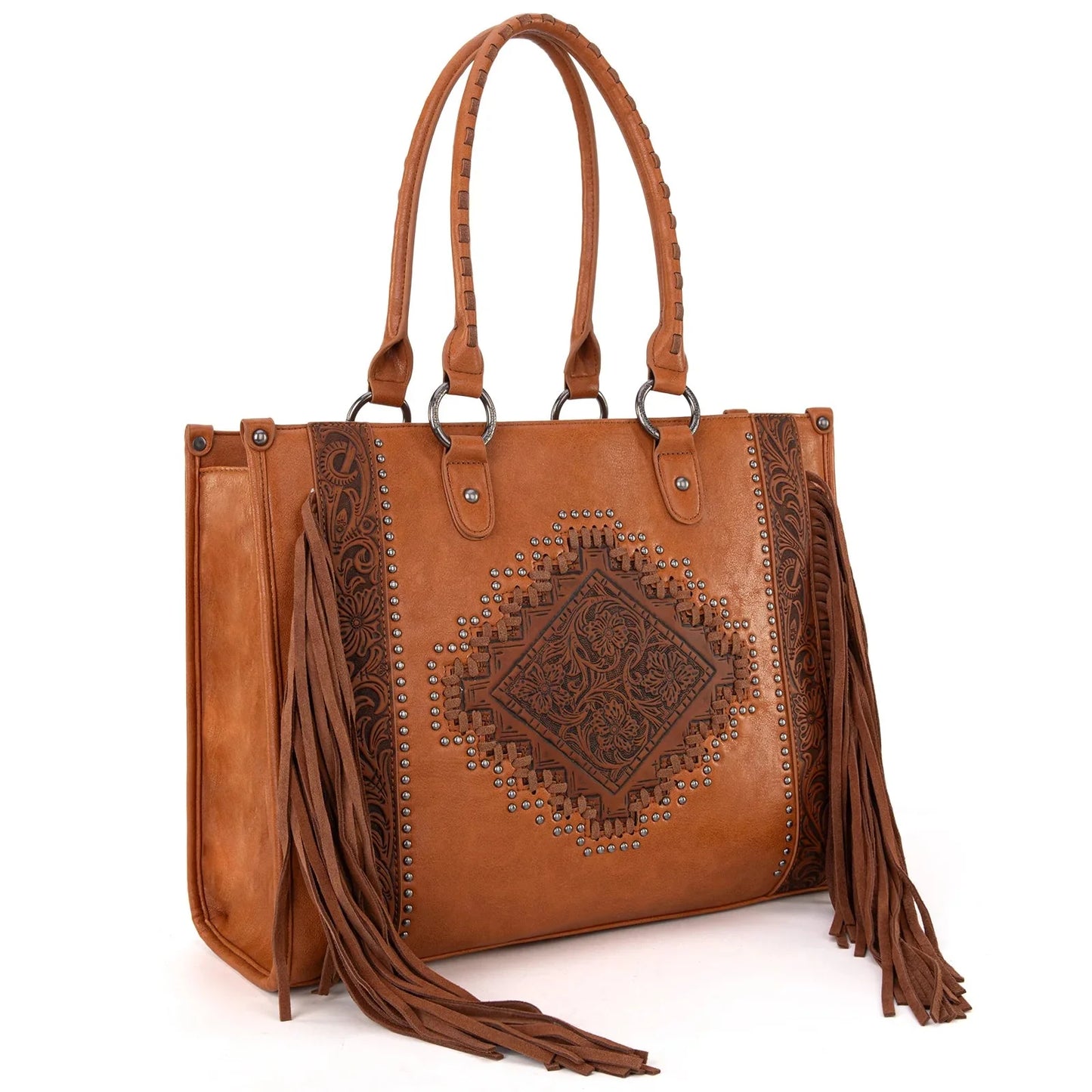 Montana West Western Tool Fringe Concealed Carry Wide Tote — Suede-Look PU Leather with Floral Tooling & Fringe
