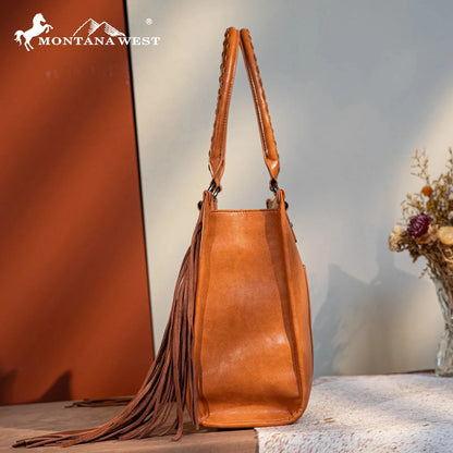 Montana West Western Tool Fringe Concealed Carry Wide Tote — Suede-Look PU Leather with Floral Tooling & Fringe