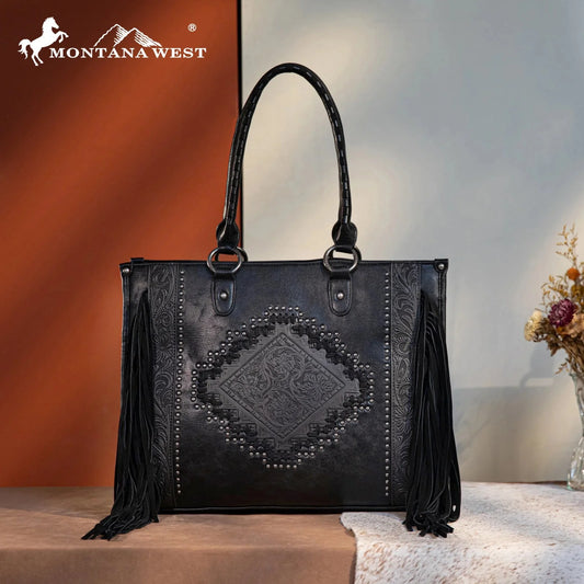 Montana West Western Tool Fringe Concealed Carry Wide Tote — Suede-Look PU Leather with Floral Tooling & Fringe