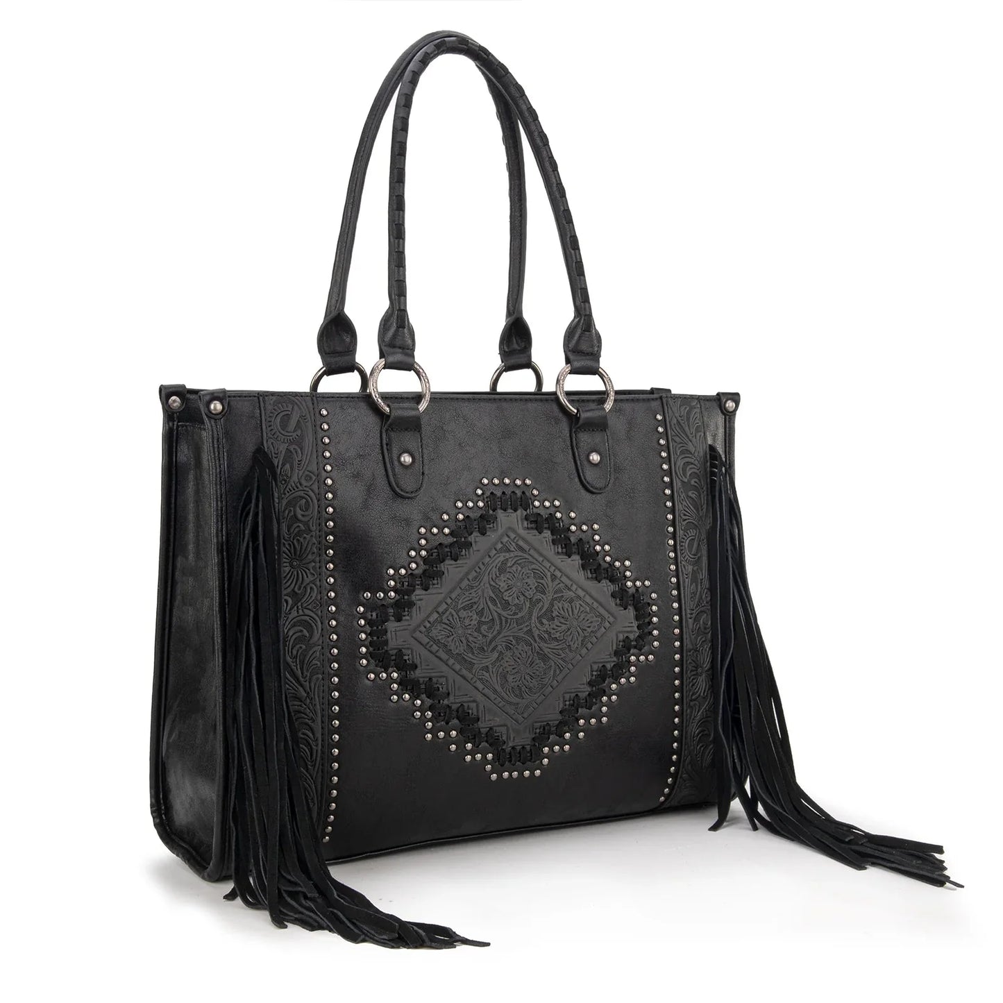 Montana West Western Tool Fringe Concealed Carry Wide Tote — Suede-Look PU Leather with Floral Tooling & Fringe