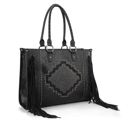 Montana West Western Tool Fringe Concealed Carry Wide Tote — Suede-Look PU Leather with Floral Tooling & Fringe