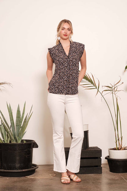 LIME N CHILI Dot Print Sleeveless Button-Down Western Blouse — V-Neckline with Ruffle Trim