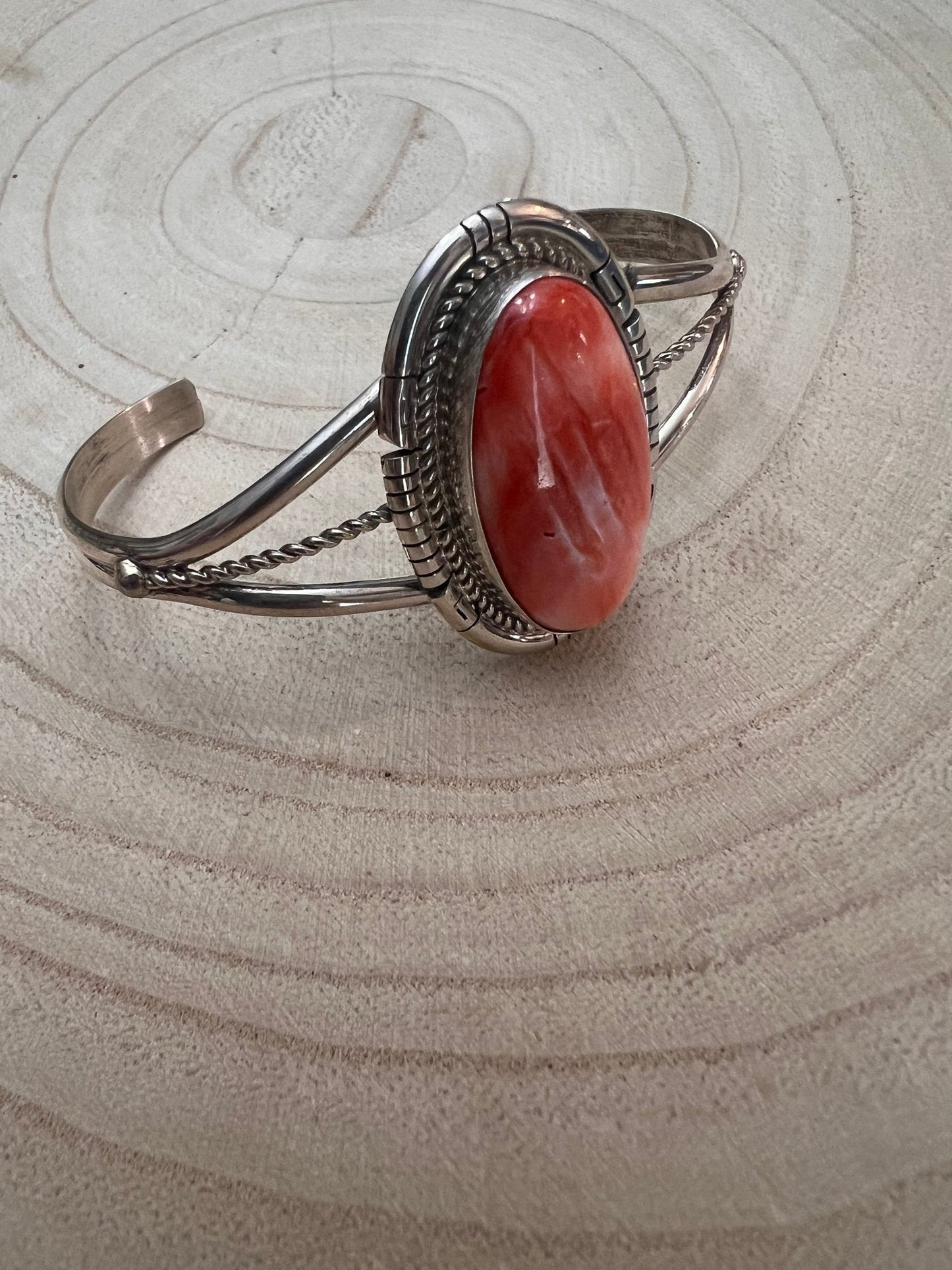 Dave Skeets Navajo Handmade Sterling Silver Spiny Oyster Bracelet — Adjustable 1 1/2" Opening
