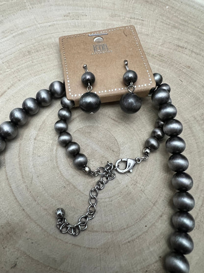 Western Navajo-Style Pearl Necklace & Earring Set — 48 Inch Burnished Silver