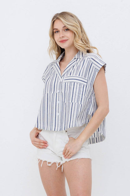 Blue B Navy Stripe Western Button-Up Shirt — Cotton Yarn-Dyed Soft Cowgirl Staple