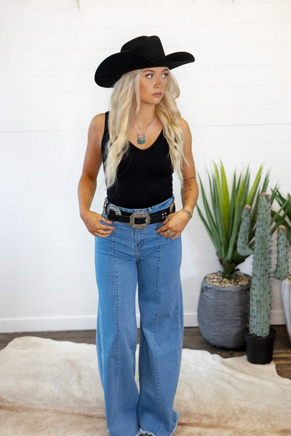 O2 Denim Front Seam Wide-Leg Western Jeans — Light Wash Mid-Rise Flare with Raw Hem & Front Seam Detail