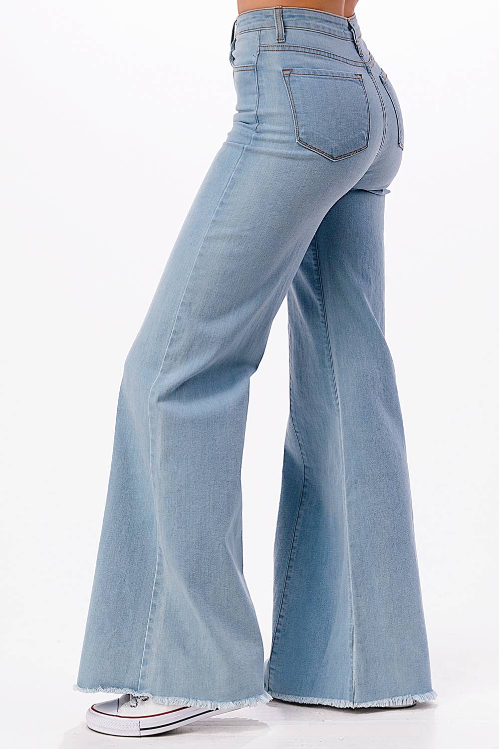O2 Denim Front Seam Wide-Leg Western Jeans — Light Wash Mid-Rise Flare with Raw Hem & Front Seam Detail