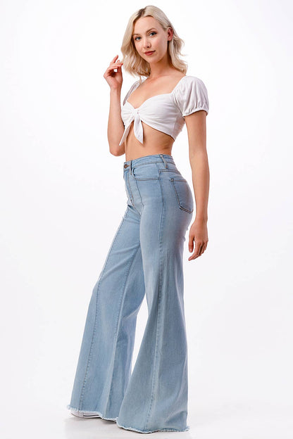 O2 Denim Front Seam Wide-Leg Western Jeans — Light Wash Mid-Rise Flare with Raw Hem & Front Seam Detail