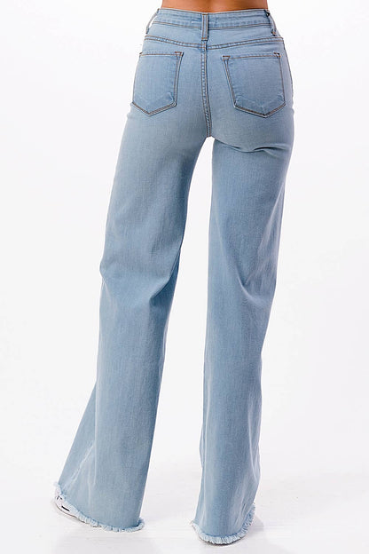 O2 Denim Front Seam Wide-Leg Western Jeans — Light Wash Mid-Rise Flare with Raw Hem & Front Seam Detail