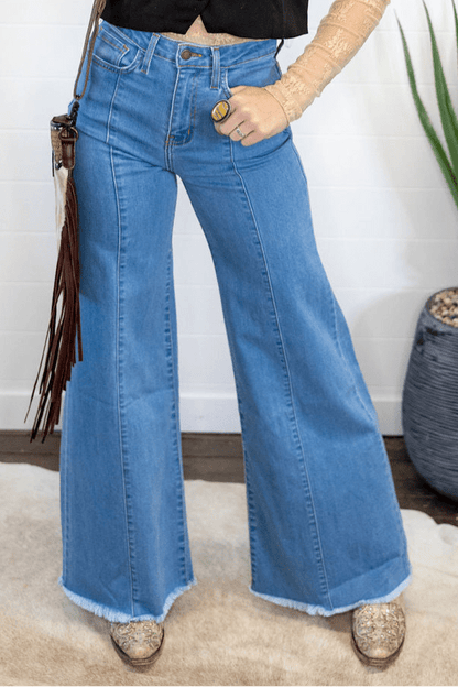 O2 Denim Front Seam Wide-Leg Western Jeans — Light Wash Mid-Rise Flare with Raw Hem & Front Seam Detail