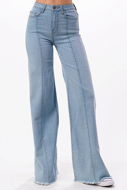 O2 Denim Front Seam Wide-Leg Western Jeans — Light Wash Mid-Rise Flare with Raw Hem & Front Seam Detail