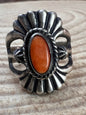Victor Coriz Navajo Sandcast Sterling Silver Ring with Orange Spiny Oyster — Size 8.5 (Thunderbird)