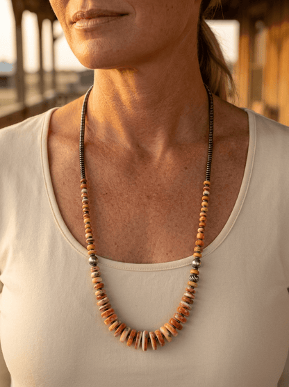 Orange & Turquoise Graduated Necklace with Sterling Silver Pearl Accents — 22 inch