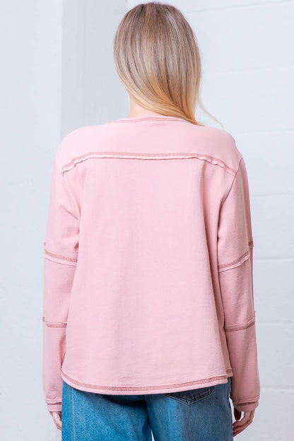 Taelynn "Outlaw" Western Embroidered Long-Sleeve Top — Soft Mauve Boat Neck with Exposed Seams