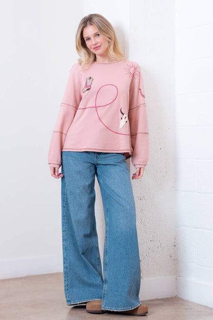 Taelynn "Outlaw" Western Embroidered Long-Sleeve Top — Soft Mauve Boat Neck with Exposed Seams