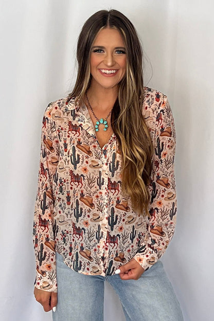 Blue B "Painted Desert" Western Chiffon Button-Up Blouse — Lightweight Semi-Opaque Desert Print (small remains)