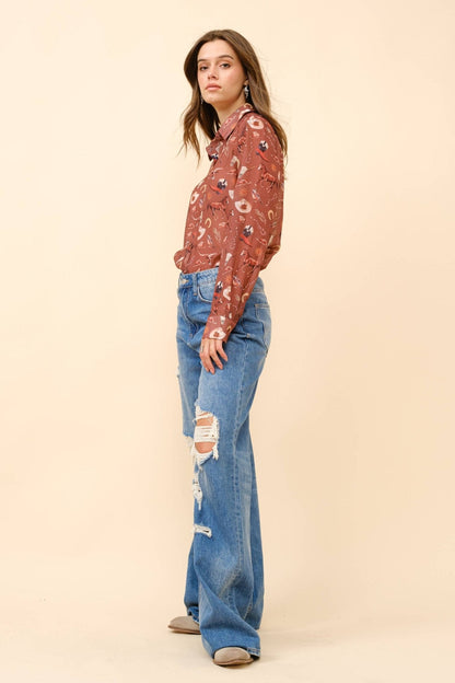 Blue B "Painted Desert" Western Chiffon Button-Up Blouse — Lightweight Semi-Opaque Desert Print (small remains)
