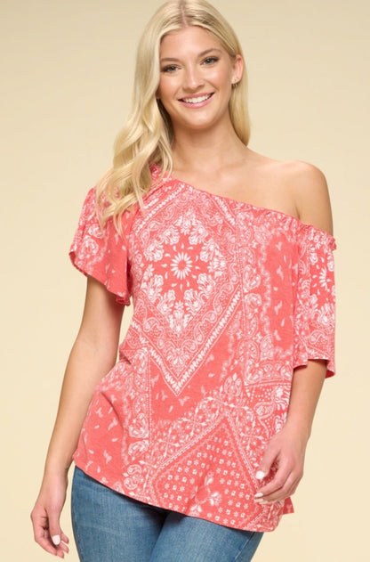 Oddi Paisley Printed Boat Neckline Western Top — Ruffled Short Dolman Sleeves Feminine Layering Piece