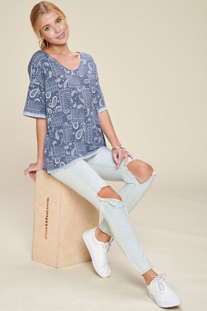 Oddi Paisley Printed French Terry Knit Western Top — Dark Navy V-Neck with Hi-Low Hem