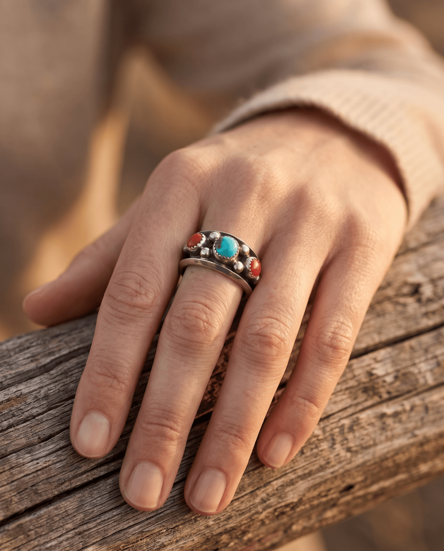 Paul Largo Navajo Turquoise & Coral Sterling Silver Ring — Size 9