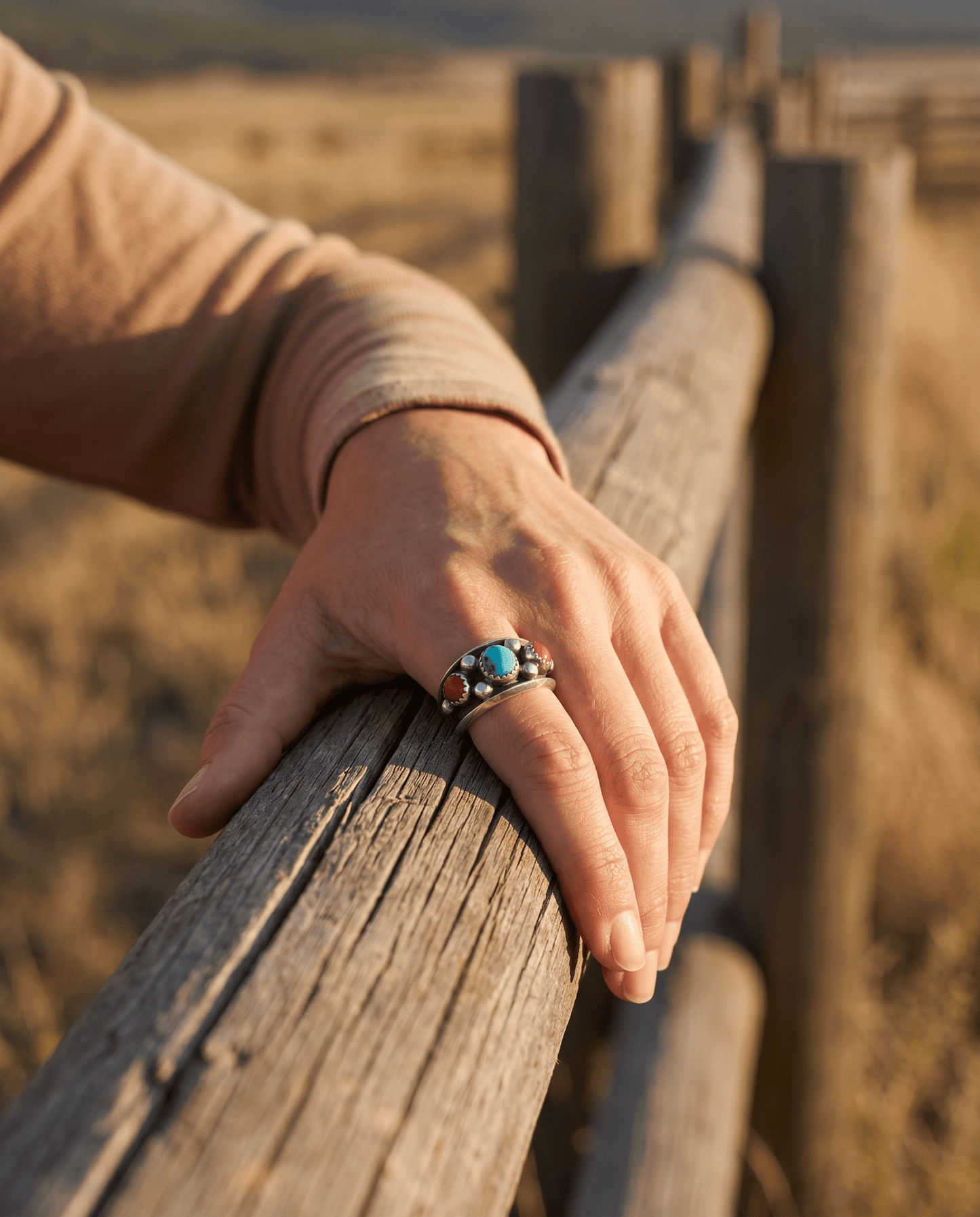 Paul Largo Navajo Turquoise & Coral Sterling Silver Ring — Size 9