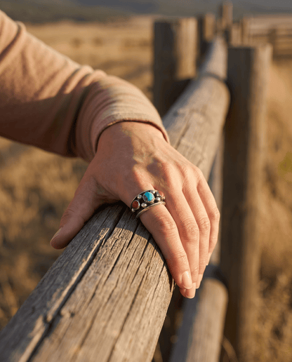Paul Largo Navajo Turquoise & Coral Sterling Silver Ring — Size 9
