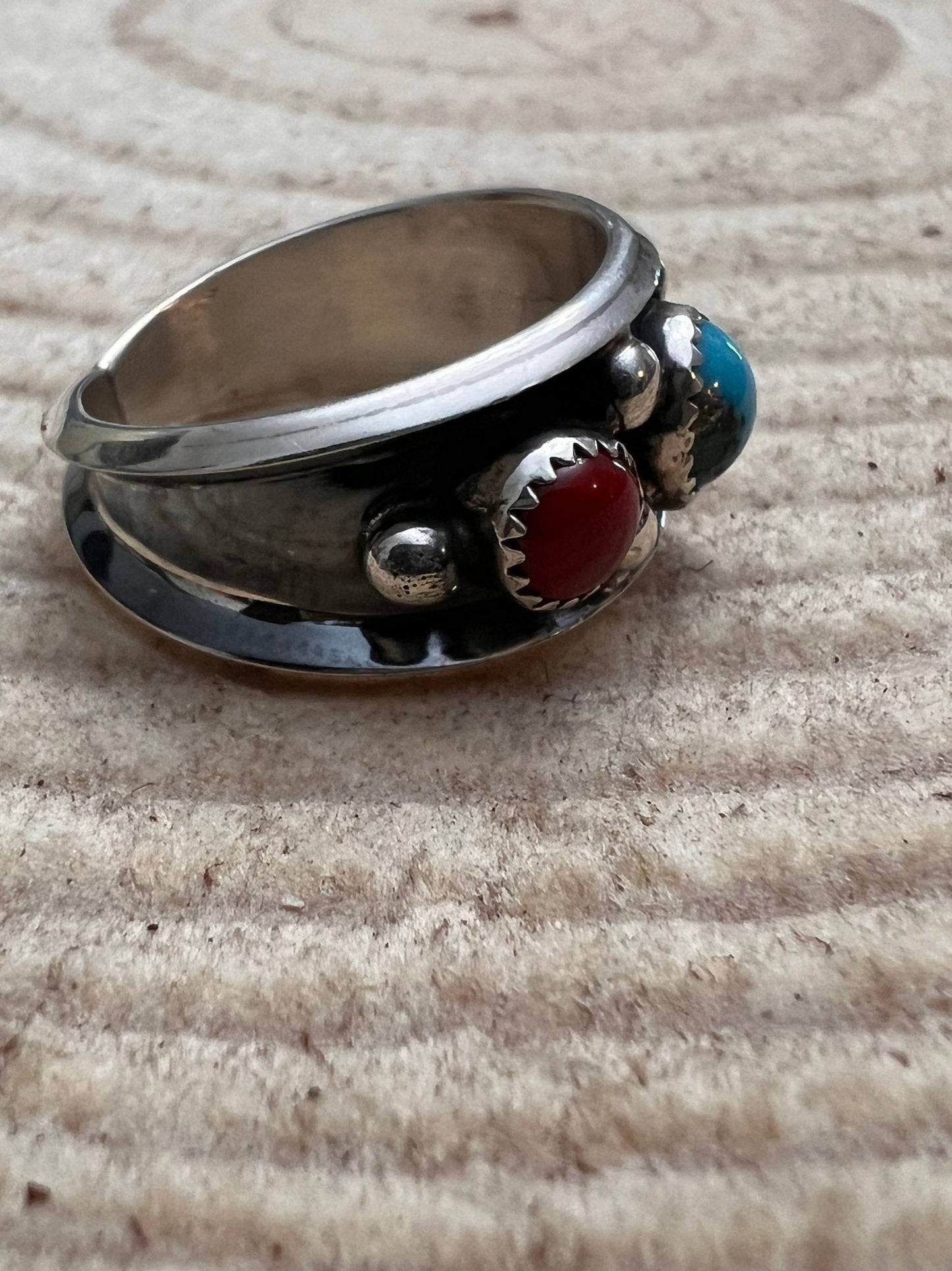 Paul Largo Navajo Turquoise & Coral Sterling Silver Ring — Size 9