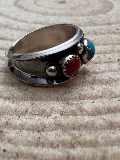 Paul Largo Navajo Turquoise & Coral Sterling Silver Ring — Size 9