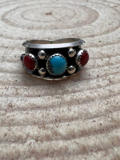 Paul Largo Navajo Turquoise & Coral Sterling Silver Ring — Size 9