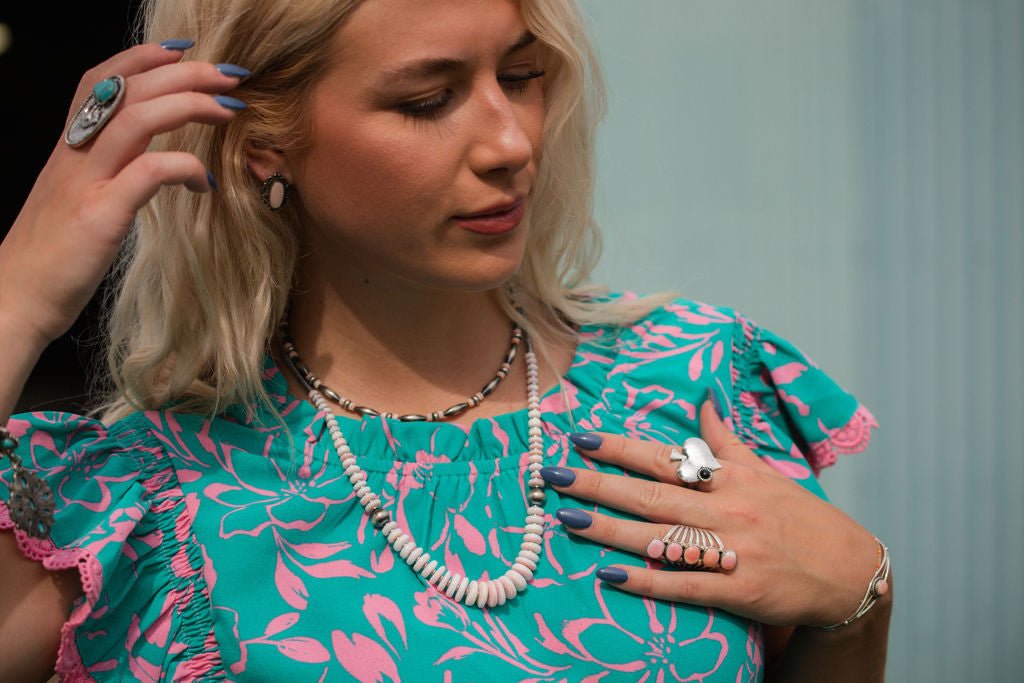 Pink Conch Graduated Necklace with 10mm Sterling Pearl — 22 inch (Handmade in North Texas)