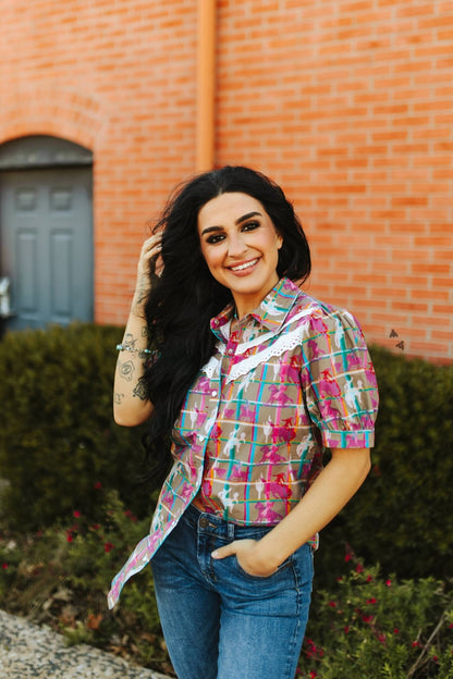 2 Fly Co "Plaid Posse" Western Top — Multi-Color Plaid with Lace Detail Comfortable Statement Piece