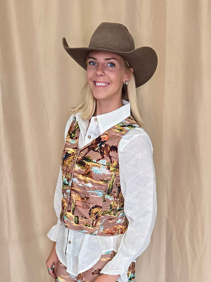 Turquoise Haven "Prairie Eyelet" Western Ruffle Blouse — Ivory Eyelet with Wooden Buttons & Flared Cuff Hem (small remains)
