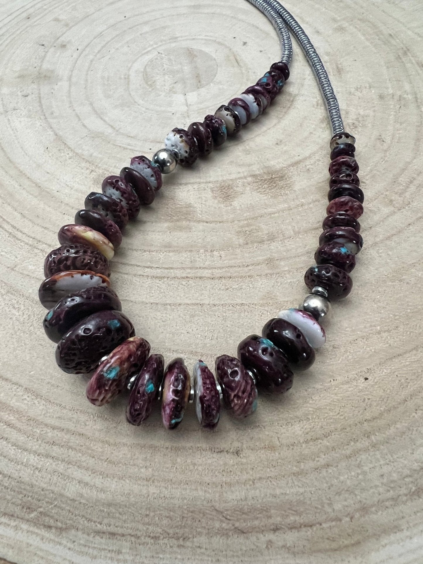 Purple Spiny Oyster & Turquoise Graduated Necklace with Hematite — 23 inch
