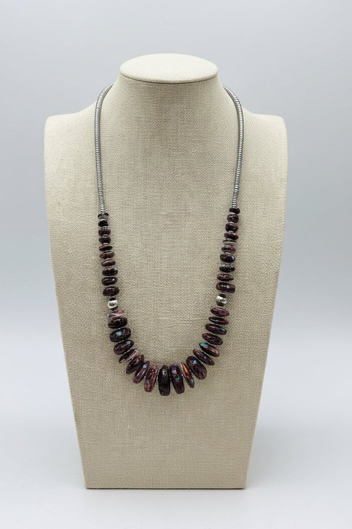 Purple Spiny Oyster & Turquoise Graduated Necklace with Hematite — 23 inch